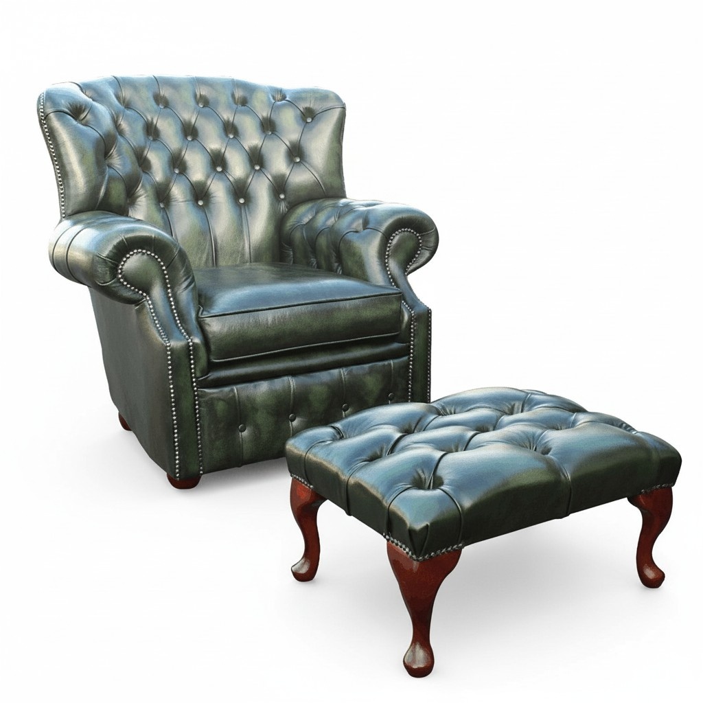 Chesterfield Ohrensessel 1 Sitzer + Hocker Designer Leder Sofa Couchen