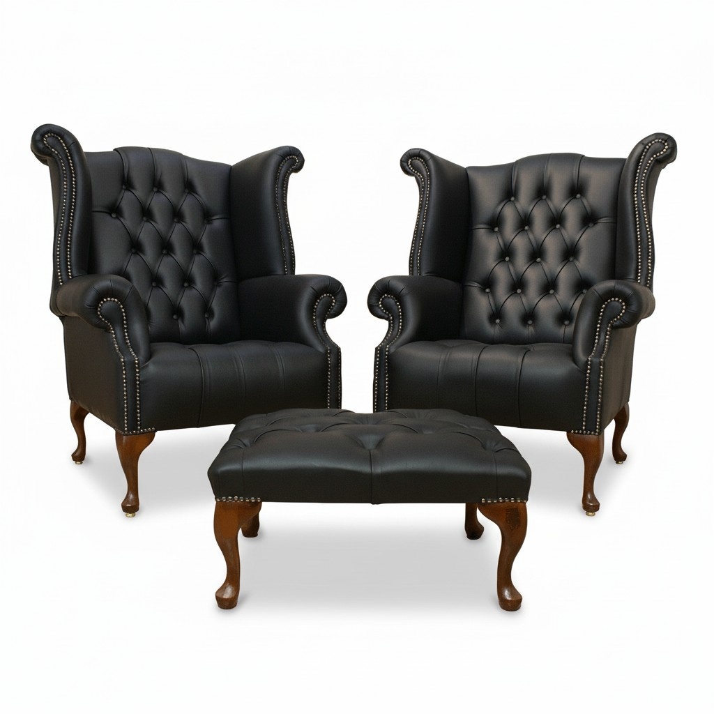 Chesterfield Ohrensessel 2x + Hocker Leder Sofa Set Garnitur Polster
