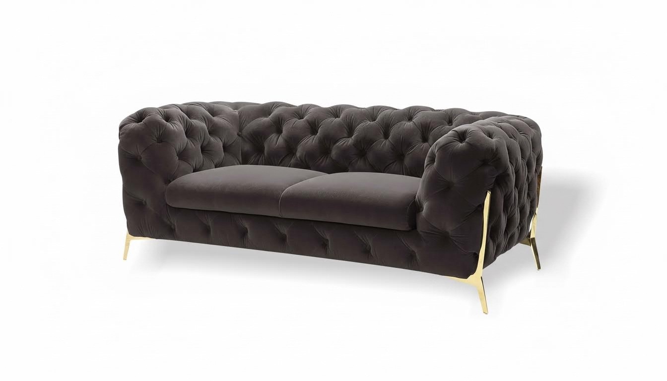 Chesterfield Samt Designer Sofa 2 Sitzer Couch Textil Samt Garnitur Gold Beine