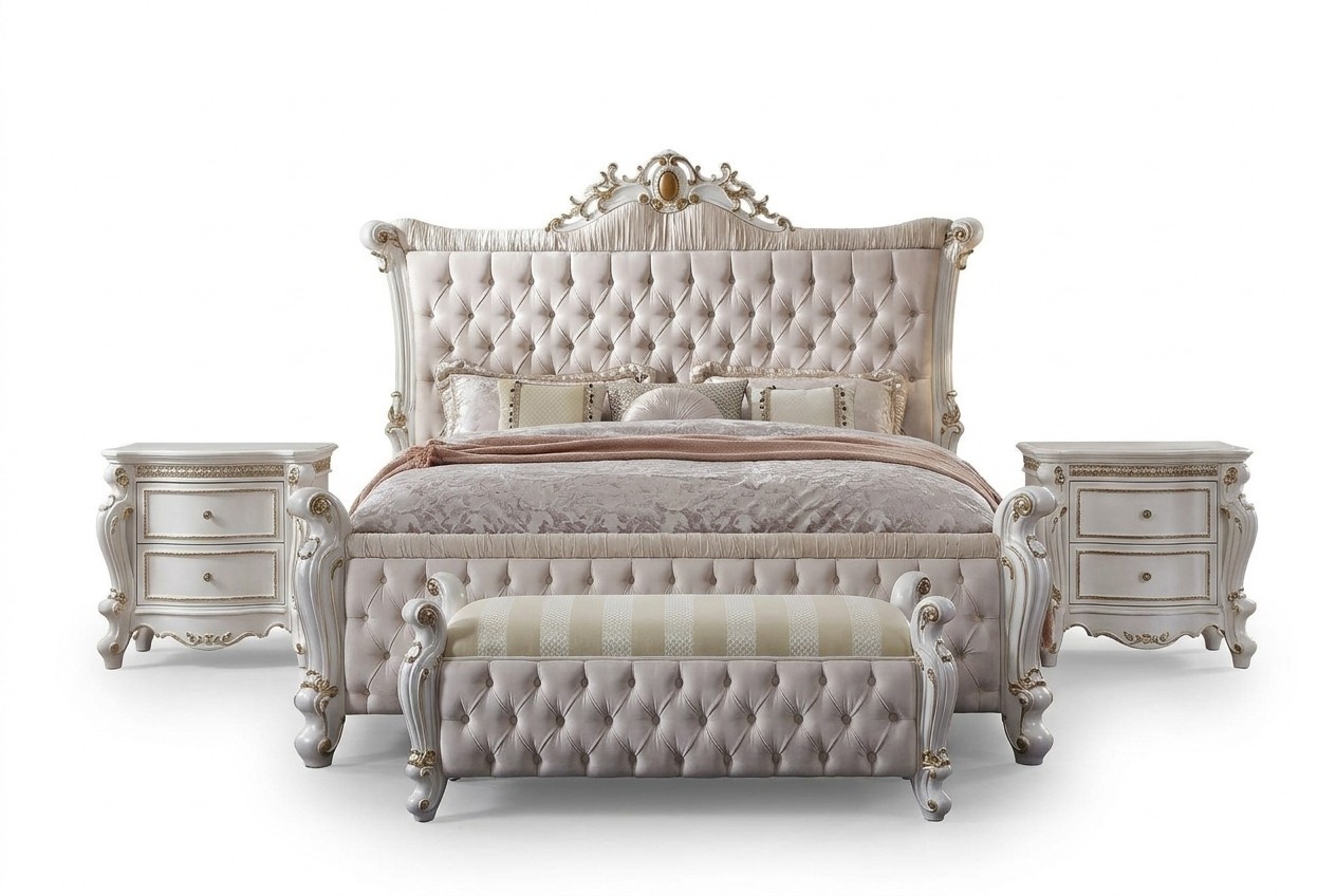 Chesterfield Schlafzimmer Set 3tlg. Garnitur Bett + 2x Nachttische Barock Stil
