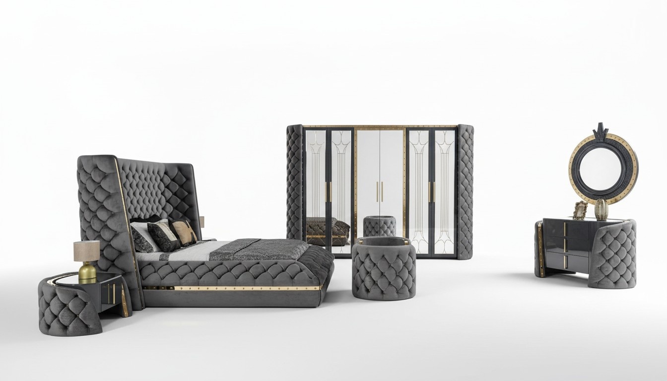 Chesterfield Schlafzimmer Set Bett 2x Nachttische Schminktisch Schrank 5tlg
