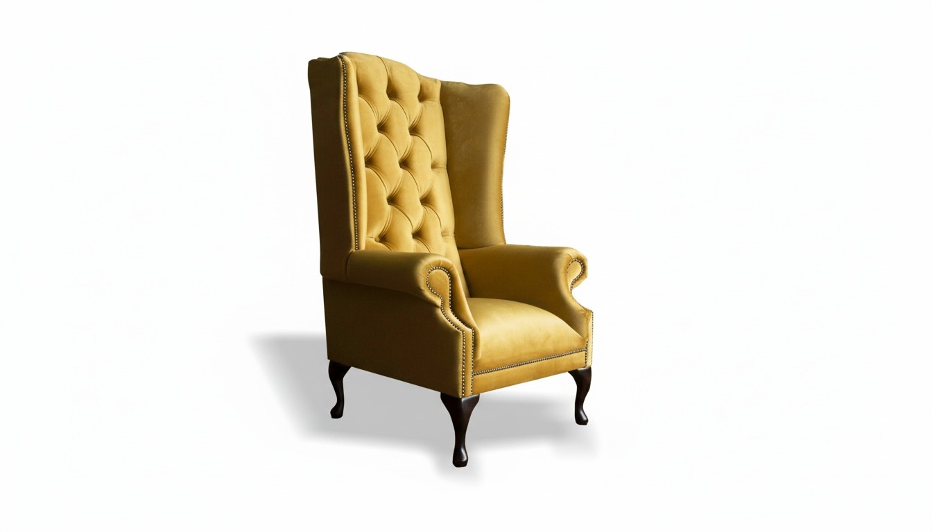 Chesterfield Sessel Textil Stoff Gelb Ohrensessel Möbel Wohnzimmer Modern
