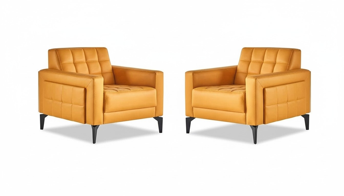 Chesterfield-Set Gelb Sessel Lehnsessel Modern Leder Edelstahl Holz