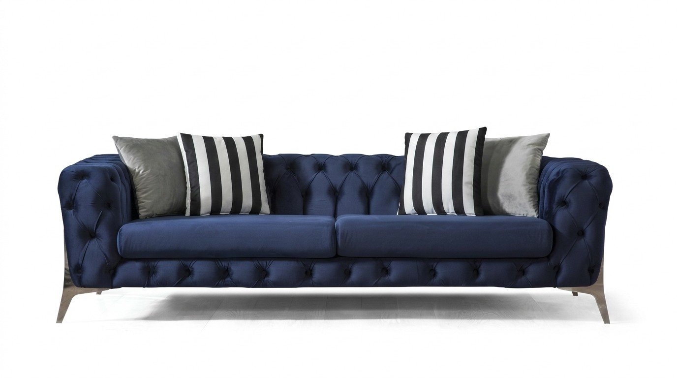 Chesterfield Sofa 3 Sitzer Blau Samt luxuriös Möbel für Wohnzimmer Sofas