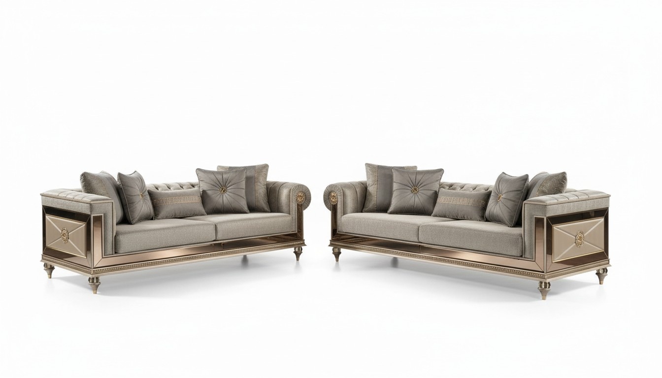 Chesterfield Sofagarnitur Dreisitzer Sitzer Grau Stoff Stoffsofa 2tlg