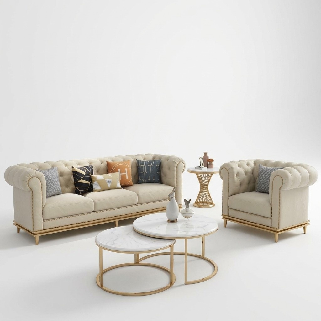 Chesterfield Stoffsofa Couch Polster Sofagarnitur 3tlg. Wohnzimmer Couchtisch