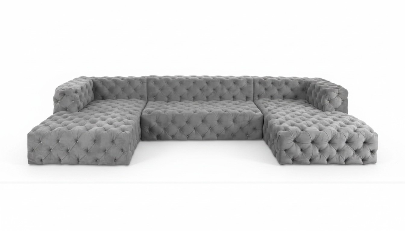 Chesterfield U Form Sofa Grau XXL Big Textil Stoff Couchen Luxus Möbel