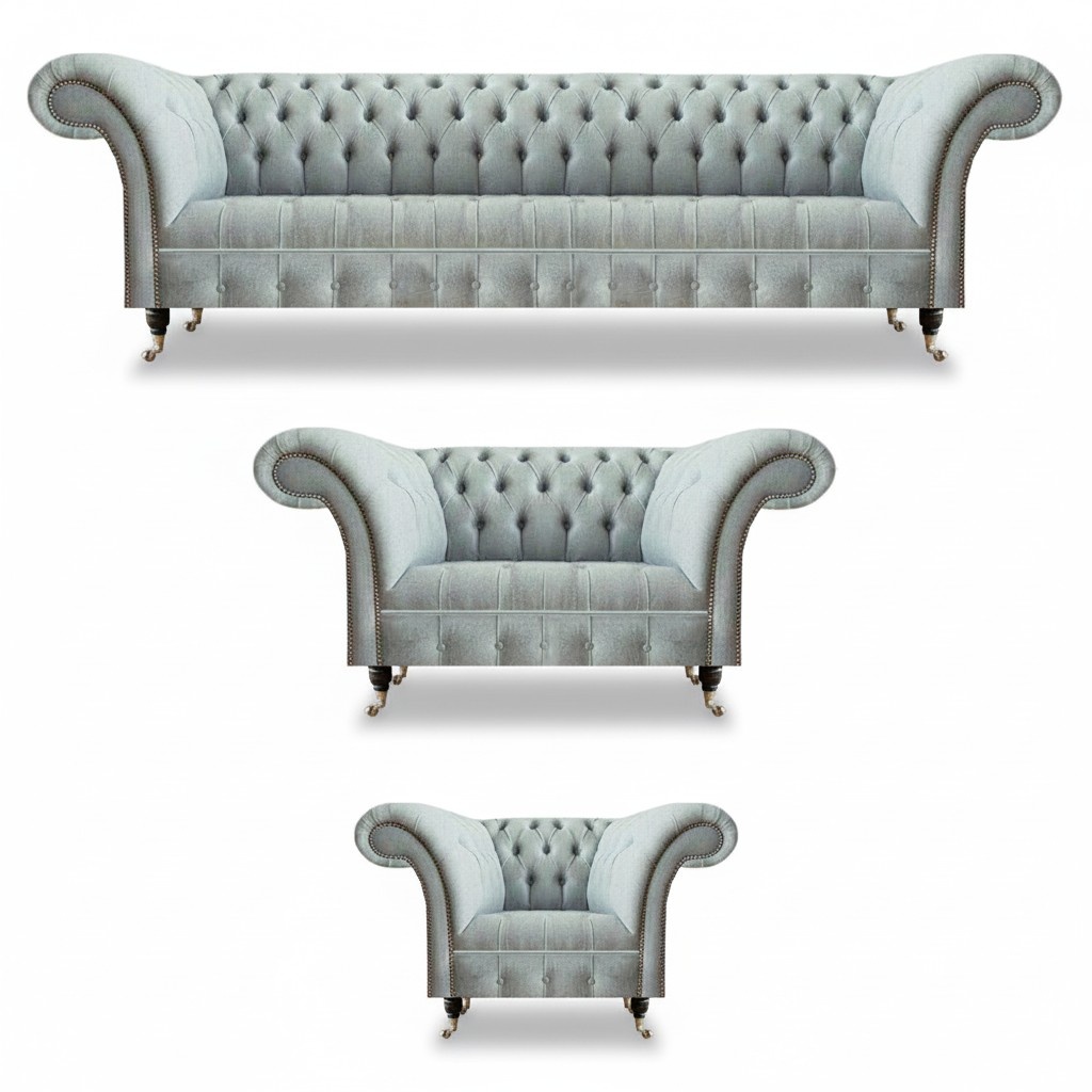 Chesterfield Wohnzimmer Garnitur Hellgraue Polstercouchen 3tlg Sitzset