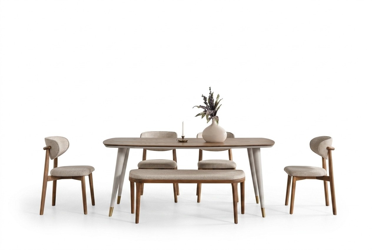Chic Set Besteht aus Esstisch und 4x Stühle + Bank in Esszimmer beige