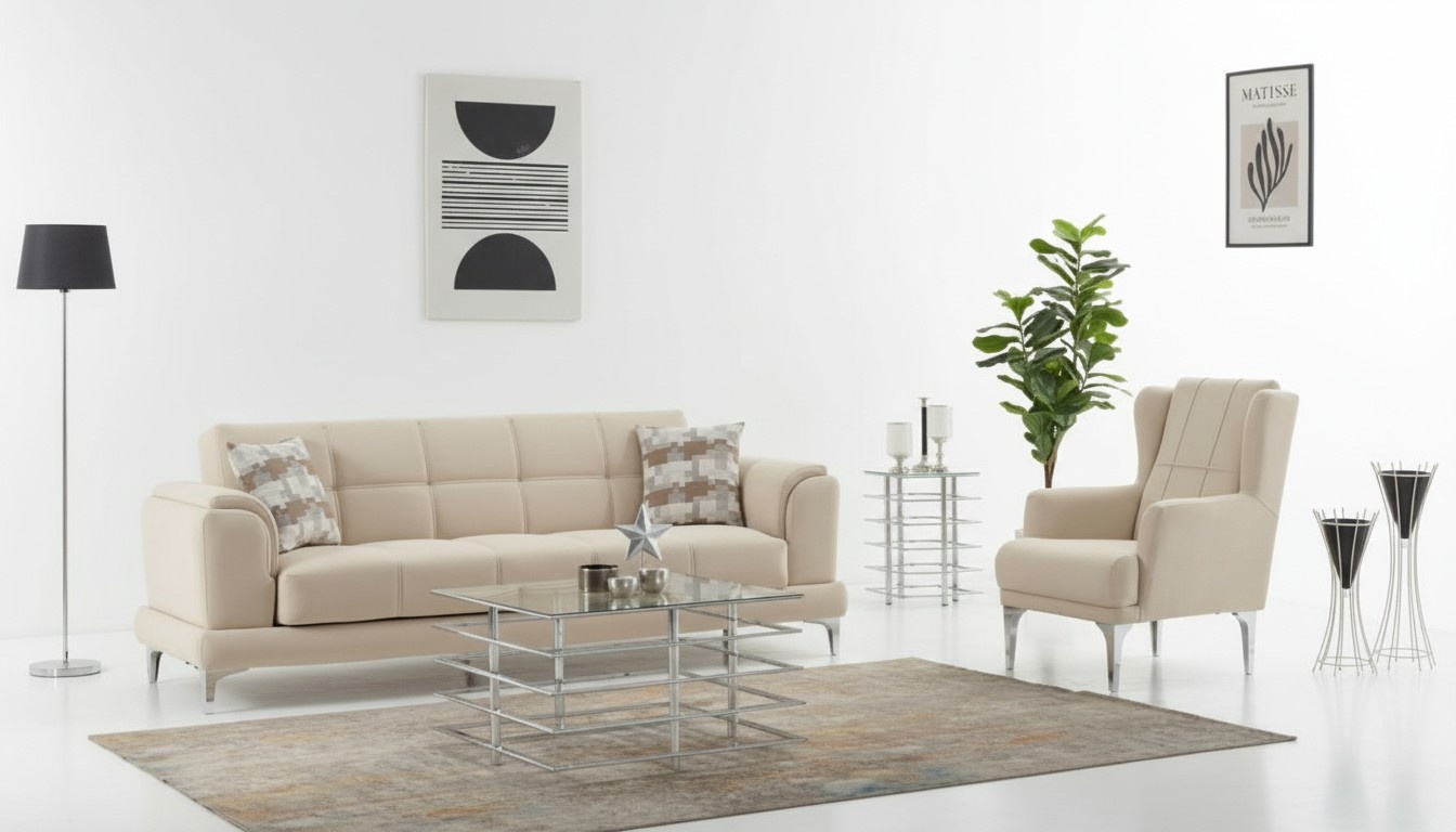 Couch Garnitur Dreisitzer 3 Sitzer Sofa Stoff Sessel Polstersofa Beige