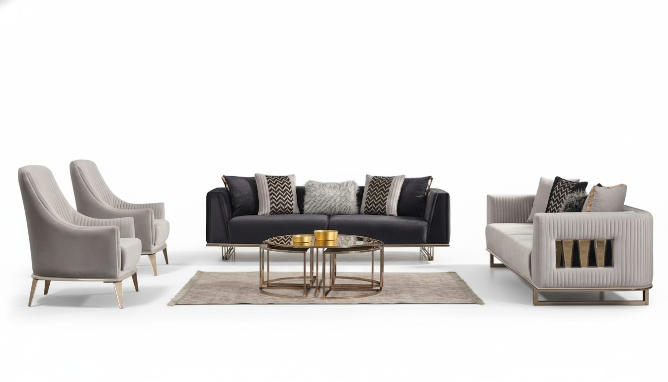 Couchgarnitur Sofagarnitur Dreisitzer Sessel Grau Stoffsofa Set 4tlg