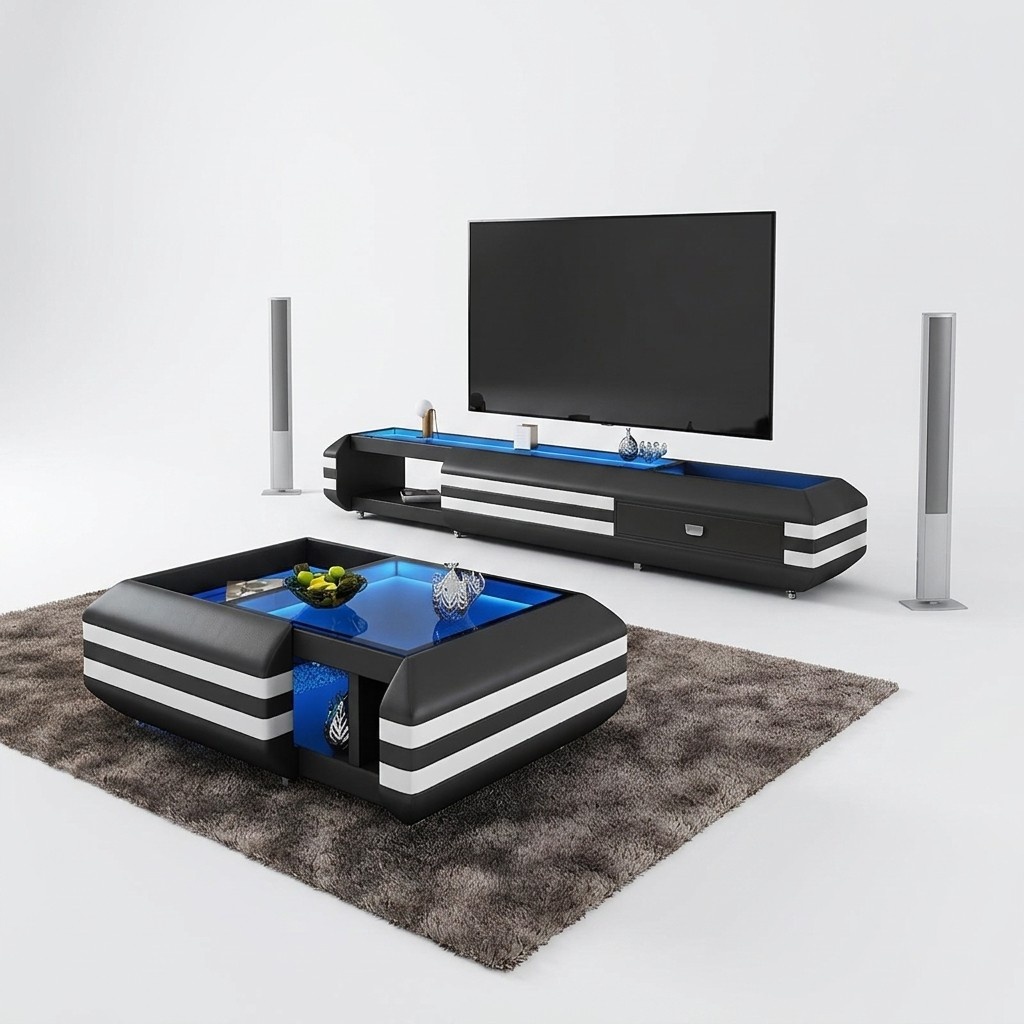 Couchtisch Sideboard 2tlg Led Beleuchtete Wohnzimmer Möbel Tisch Lowboard Glas