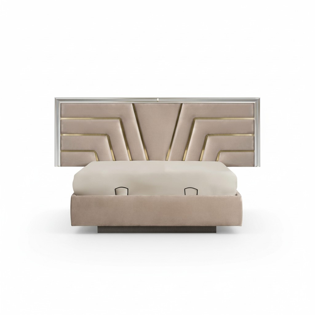 Beiges Schlafzimmer Doppelbett Stabiles Holzgestell Designer Polster Bett