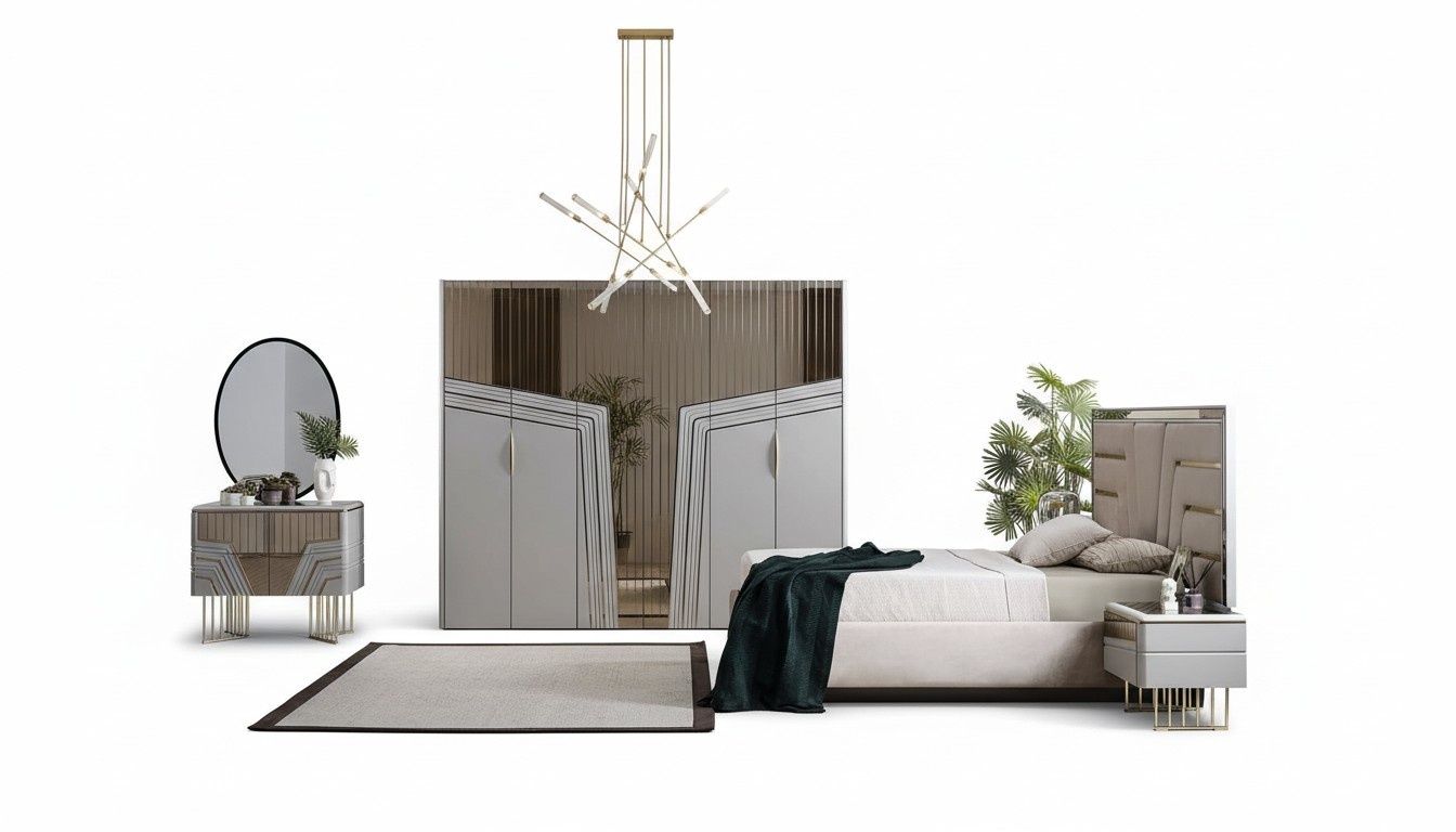 Modern Schlafzimmer Set Luxus Bett 2x Nachttische Kleiderschrank 6tlg.