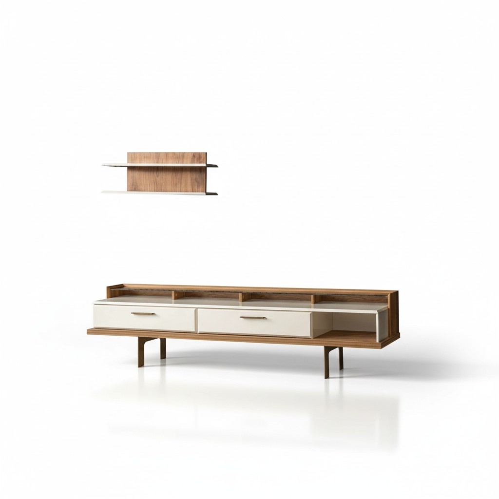 Braun-Weißes Wohnzimmer Set Luxuriöses Holz Sideboard Wandgeral 2tlg