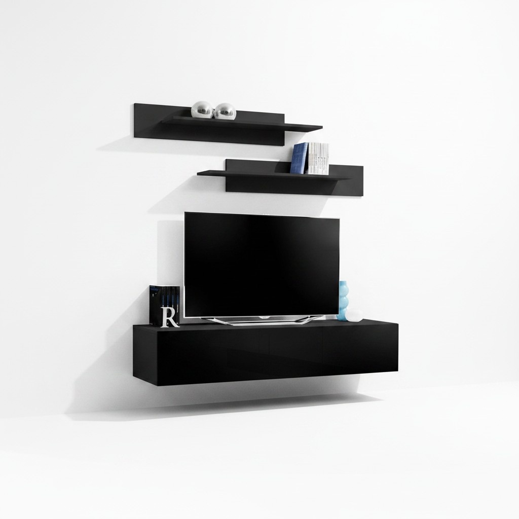 Wohnwand TV Ständer Wandregale Schwarz Lowboard Wohnzimmermöbel