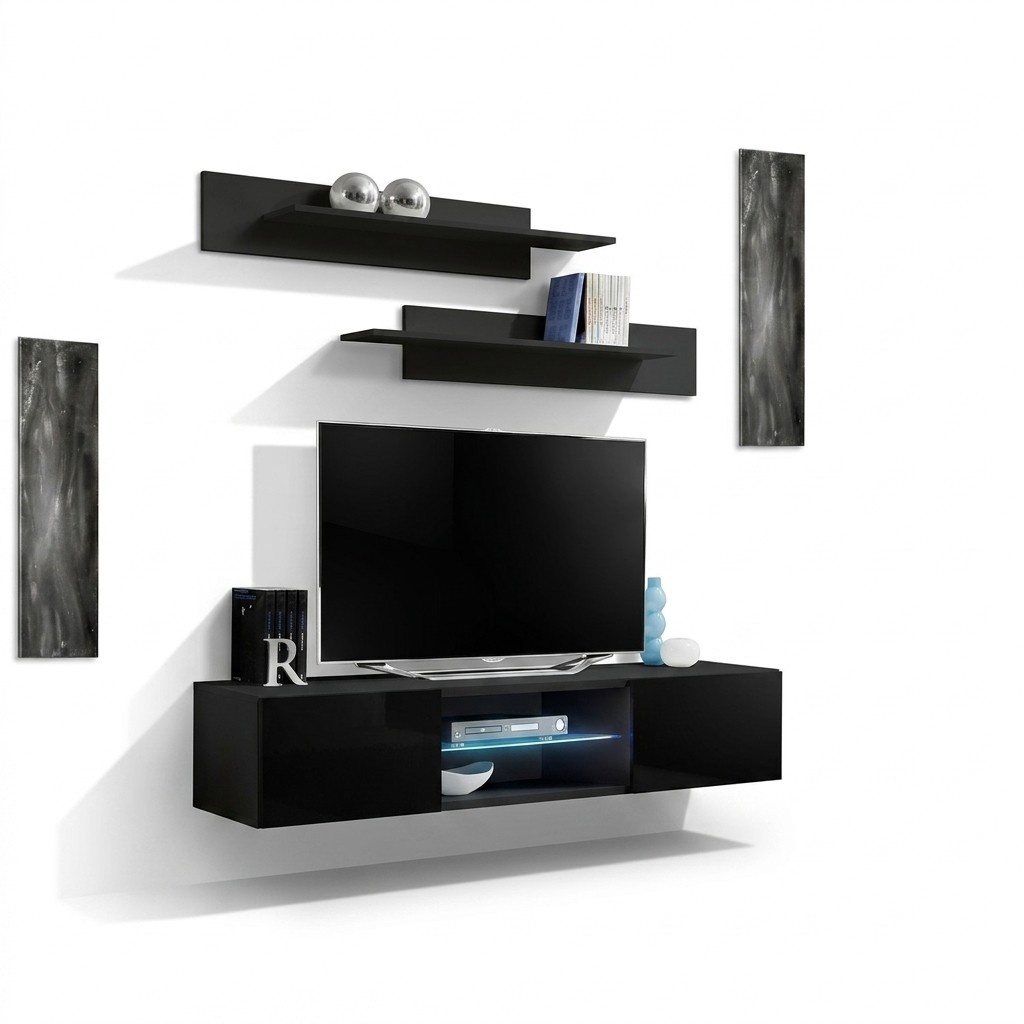 Schwarz Wohnwand Wandregale Set 3 tlg TV Ständer Wohnzimmermöbel Neu