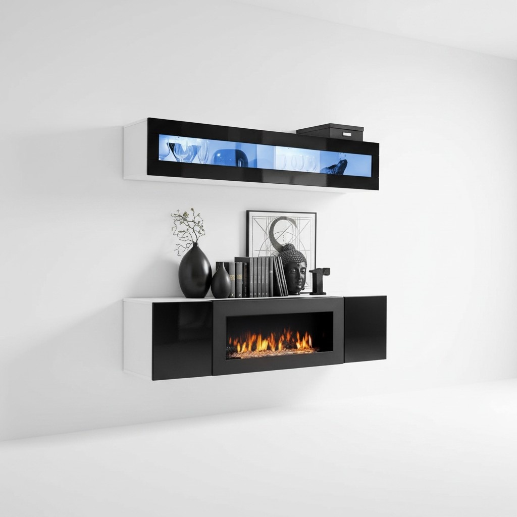 Schwarz Hänge Schrank Holzmöbel Hochglanz Sideboard Designer Komplett Wohnwand