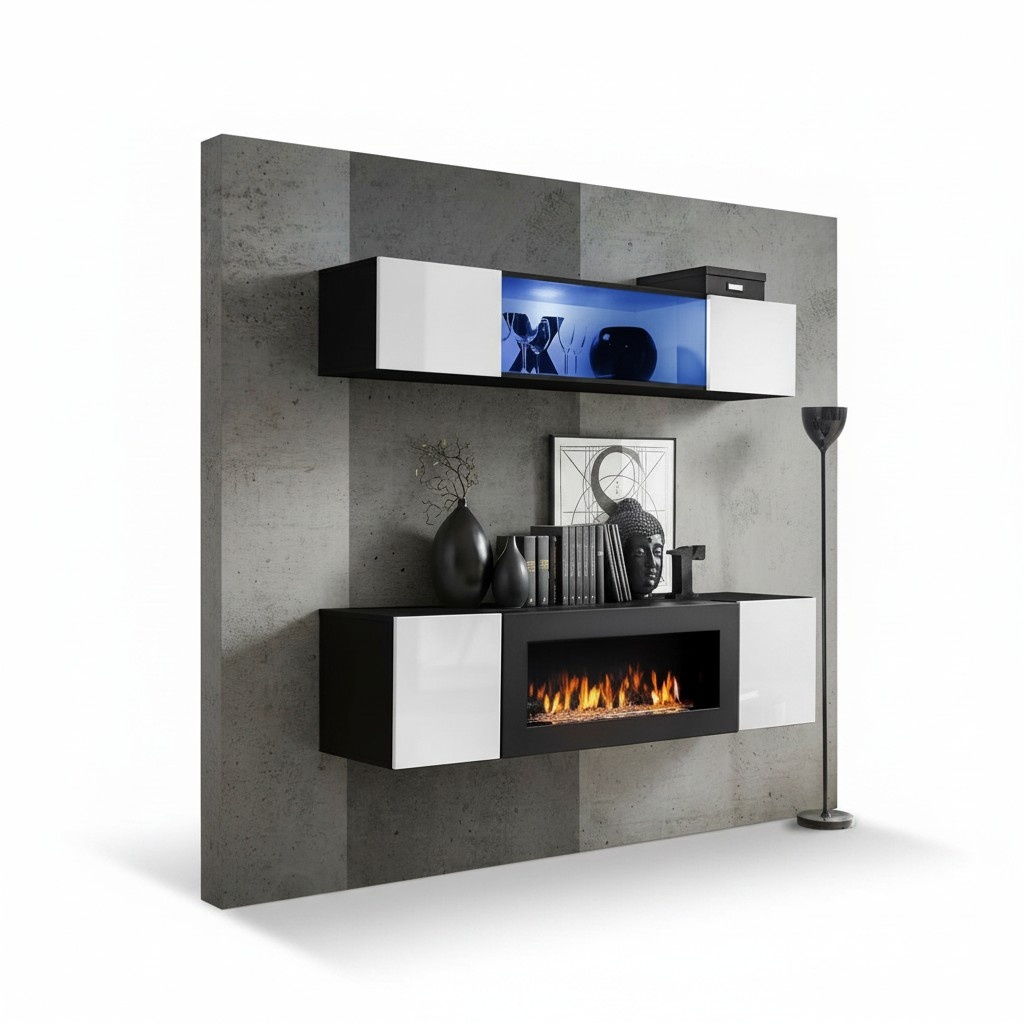 Hänge Sideboard Wohnzimmer Hochglanz mit Kamin Möbel Wandschrank Schrank 2 tlg.