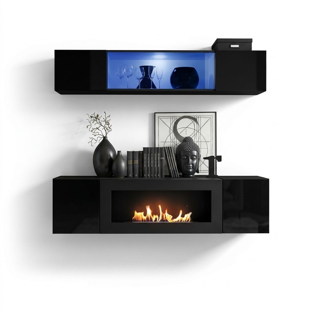 Garnitur 2tlg Hänge Sideboard mit Kamin Schrank Komplett Wohnzimmer Hochglanz