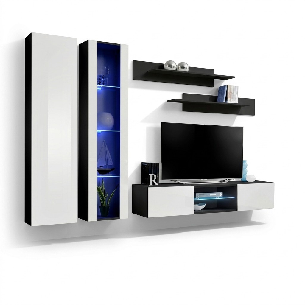 Modern Wohnwand Set Schwarz Hänge Vitrine Designer Wohnzimmer Möbel TV-Ständer
