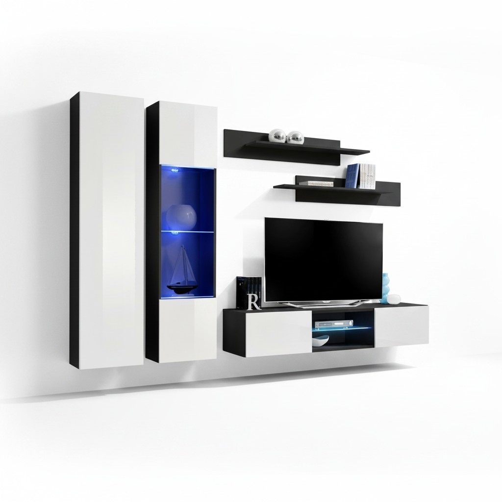 Wohnwand Set 5tlg. Wohnzimmer RTV Regal Modern Garnitur Hänge Vitrine Holz Neu