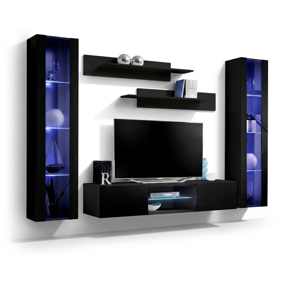 Garnitur rtv Set 5tlg. Schwarz Wohnwand Wandschrank TV-Ständer Design Neu