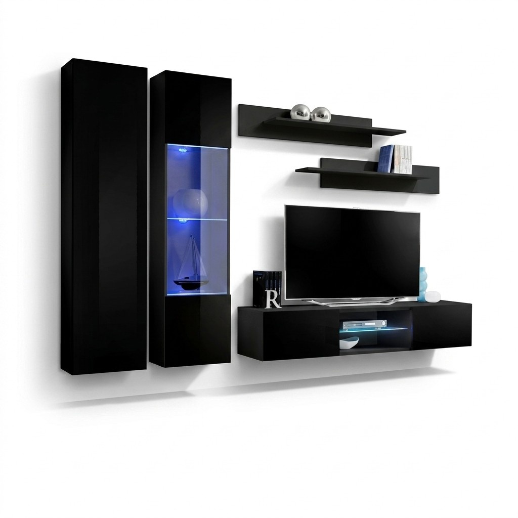Schwarz Komplett Wohnwand Wohnzimmer Hänge Vitrine Wandschrank Neu