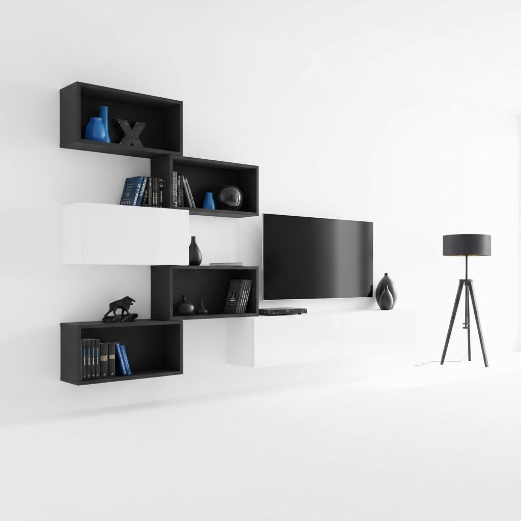 Modern Wohnwand Schwarz Designer Wohnzimmer Möbel Holz TV-Ständer