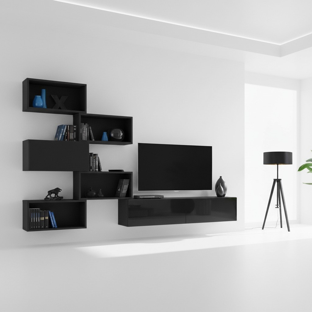 Schwarz Wohnwand Lowboard Modern TV-Ständer Wohnzimmer Wandregal