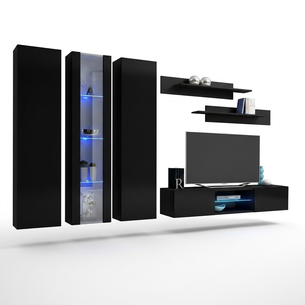 Wohnwand Wohnzimmer Set 6 tlg TV Ständer Schrank Wandregal Modern Hänge Vitrine