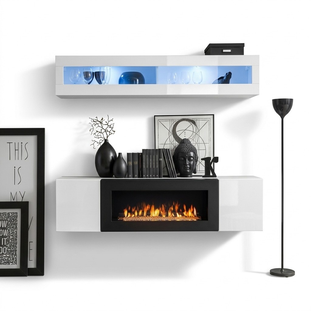 Garnitur Wohnwand Luxus Weiß Hänge Sideboard Wohnzimmer Modern Möbel Set 2 tlg.