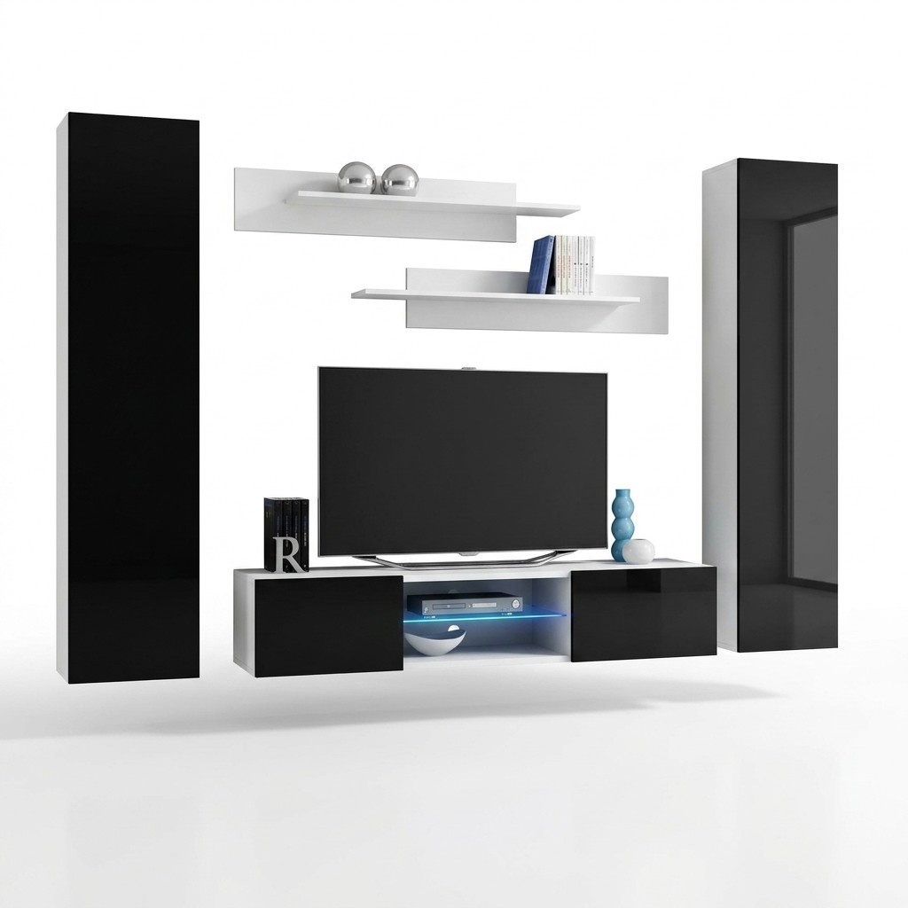 Designer Wohnzimmer Luxus Wohnwand Hänge Sideboard mit Kamin Modern Design