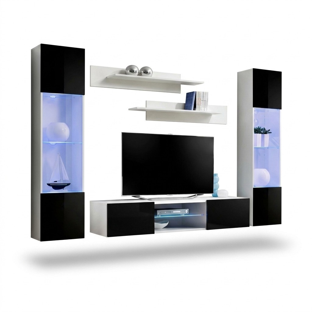 Komplett Wohnwand TV-Ständer Hänge Vitrine Luxus Wand Regal Hochglanz Wohnzimmer