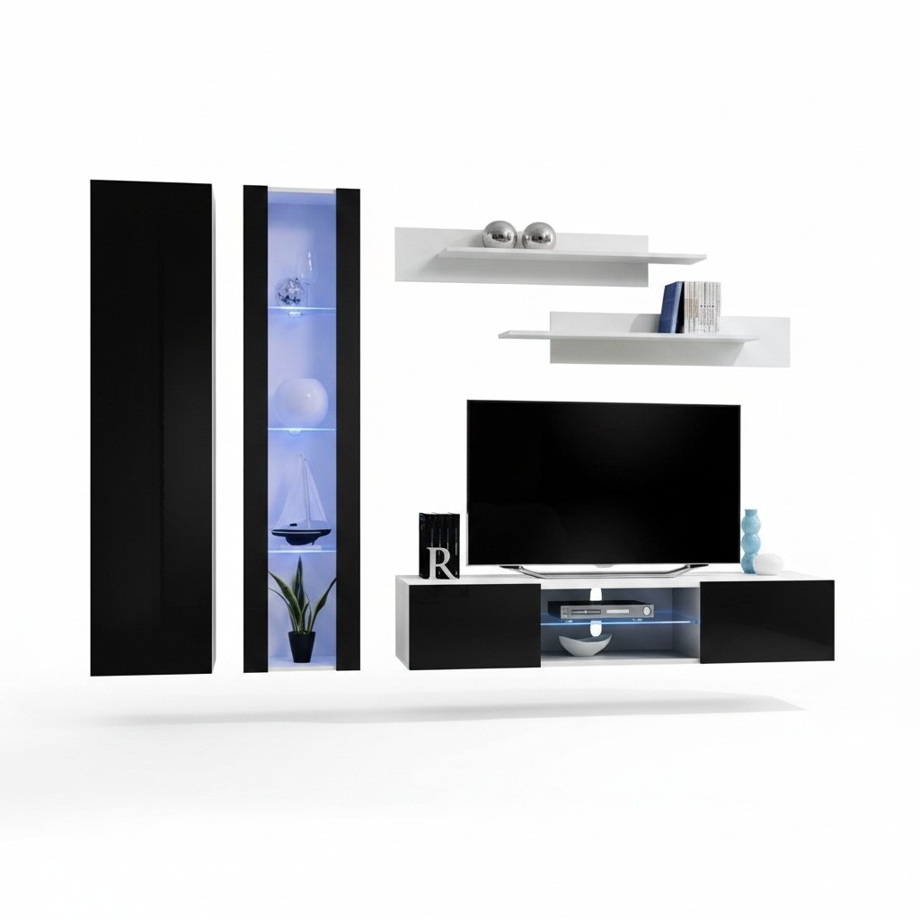 Luxus Komplett 5tlg Designer Wohnwand Modern Hänge Vitrine TV-Ständer
