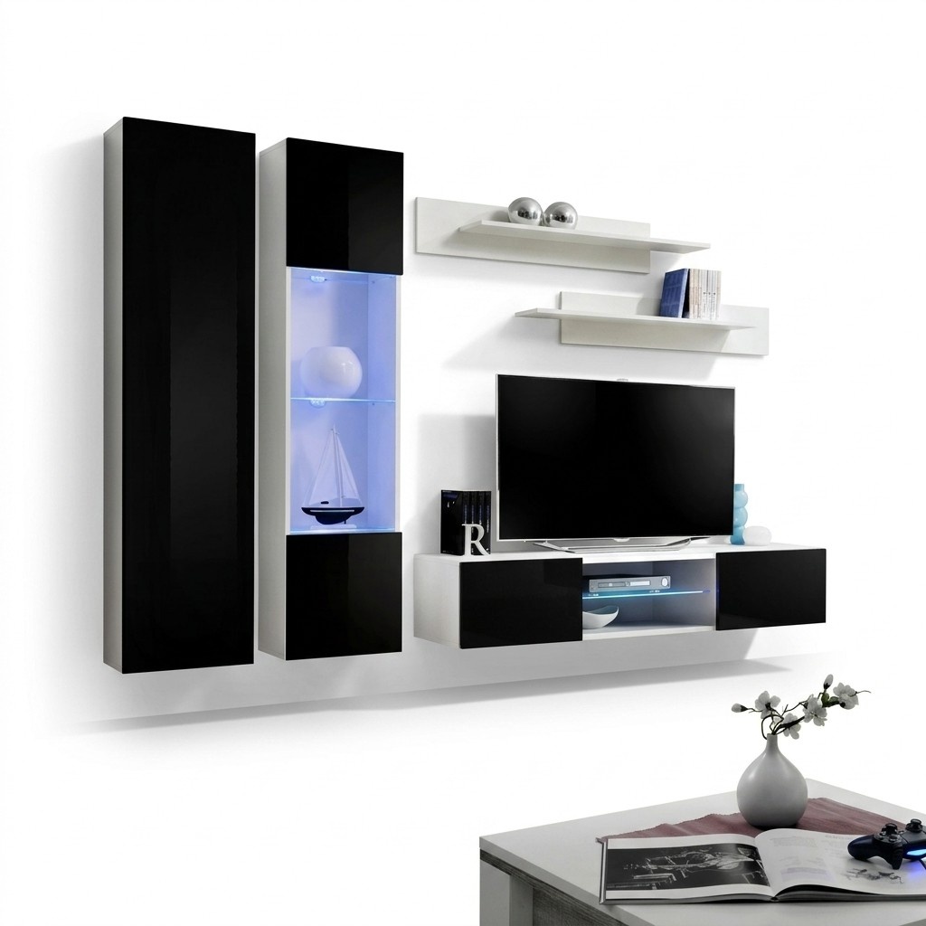 Designer Komplett Wohnwand Hänge Vitrine TV-Ständer Luxus Wand Regale Hochglanz