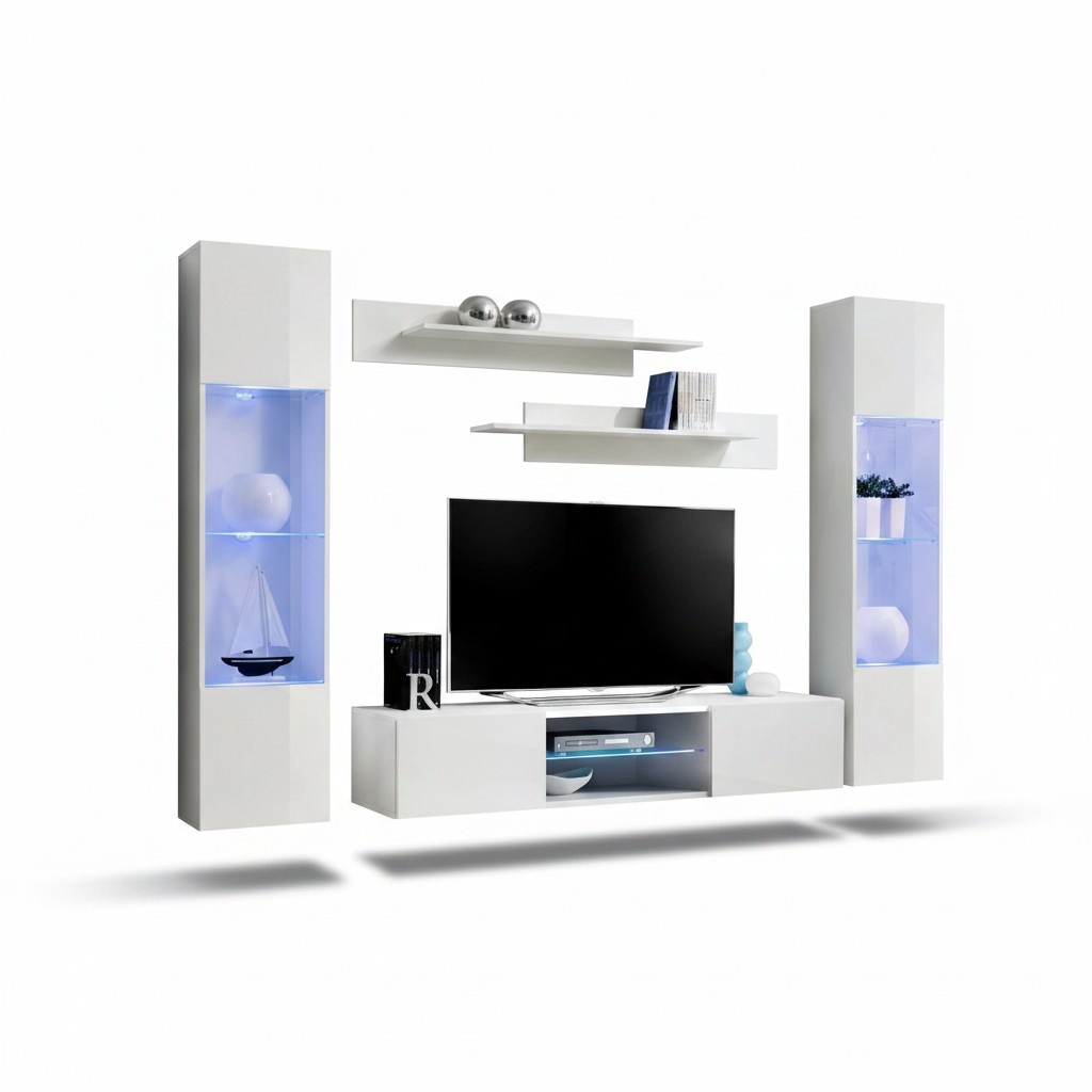 Weiß Wohnwand Wand Regale Hänge Vitrine Komplett Wohnzimmer Designer