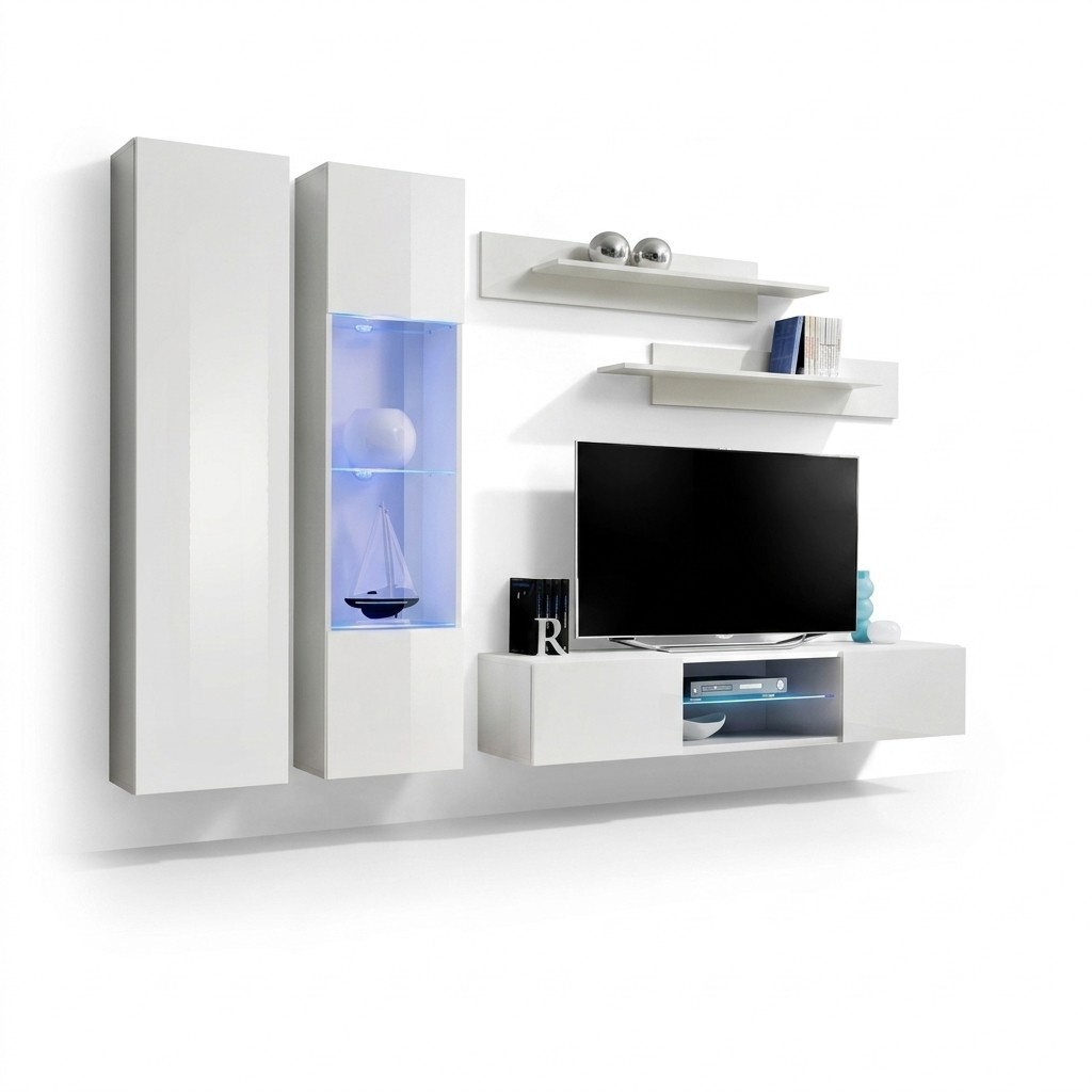 Komplett Set 5tlg Luxus Weiß Wohnwand Hänge Vitrine Schrank TV-Ständer Neu