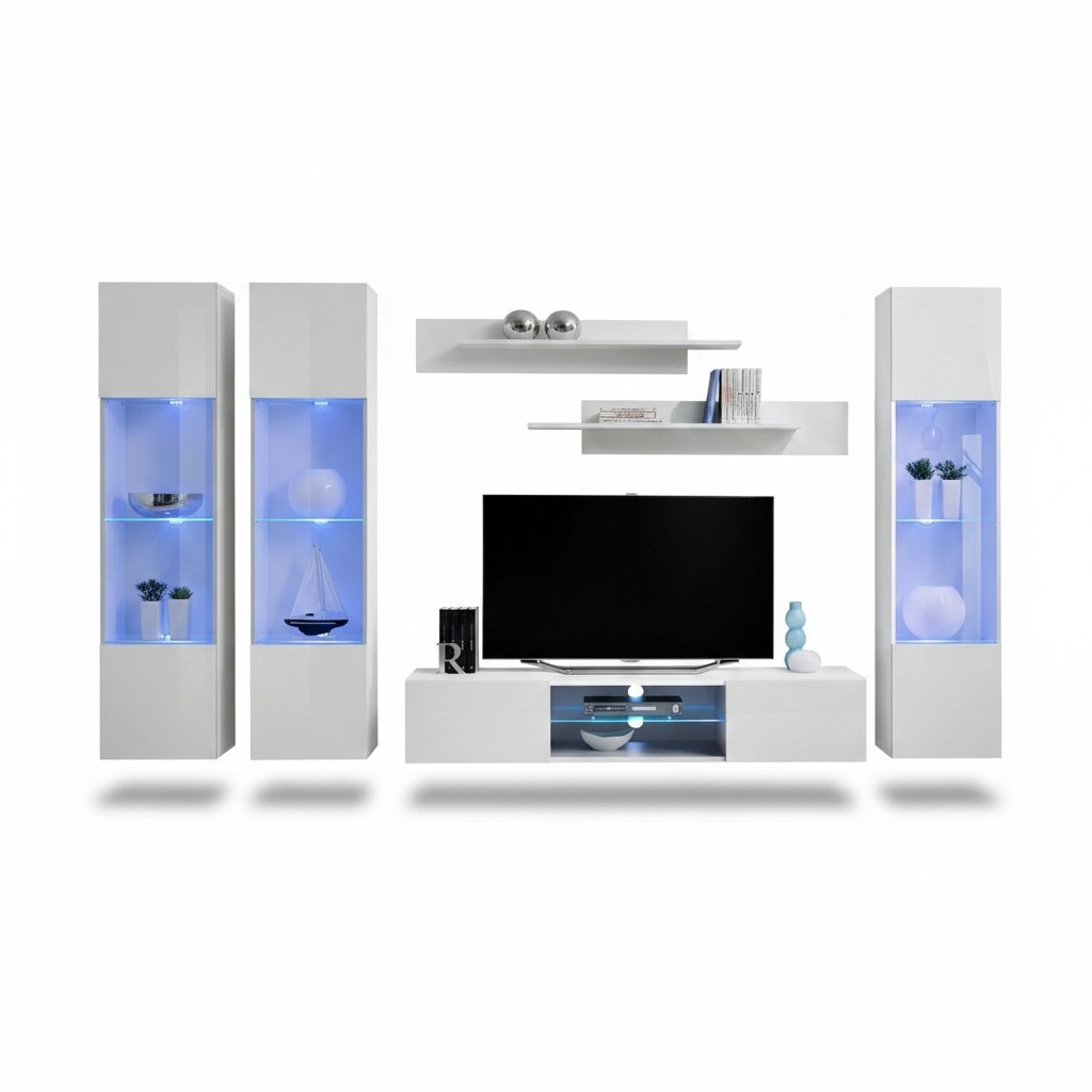 Modern Wohnwand Weiß Stil Designer TV Ständer Hänge Vitrine Luxus Wohnzimmer