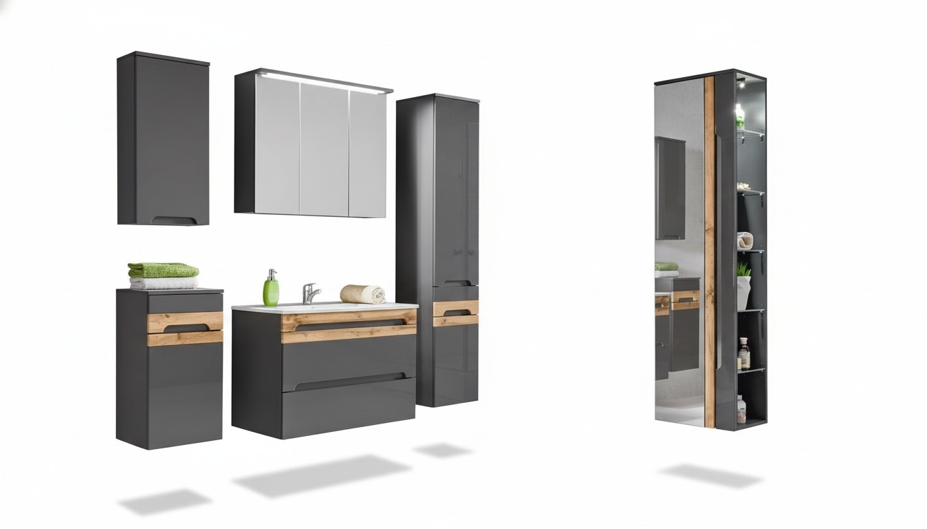 Design Badezimmer Möbel Bad 5 tlg. Set Garnitur Schrank Waschbecken Beleuchtung