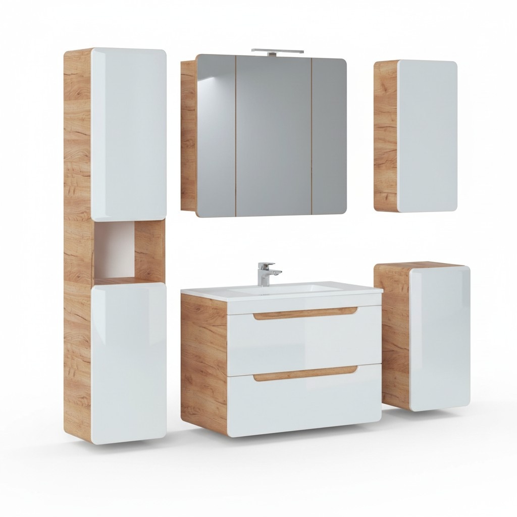 Design Badezimmer Möbel Bad 5tlg. Set Garnitur Schrank Beleuchtung