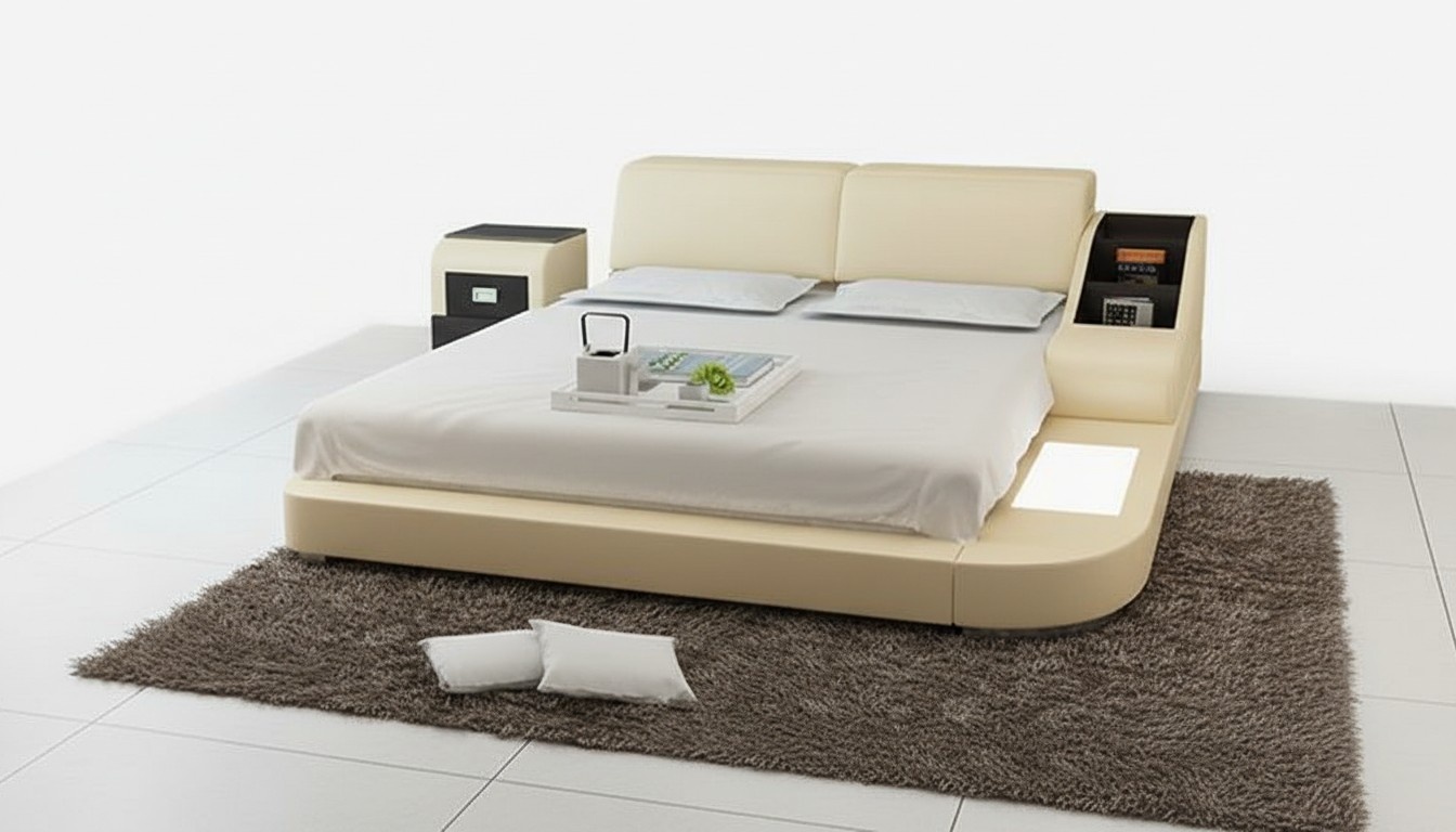 Design Bett XXL Big Betten Leder Hotel Polster 160x200cm Multifunktion Regal USB