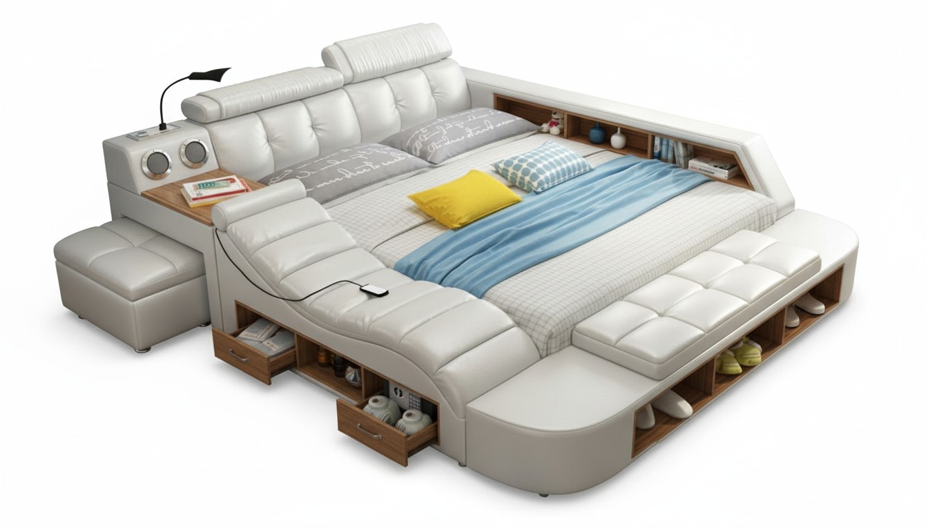 Design Bett XXL Big Betten Leder Polster Hotel 180x200cm Multifunktion