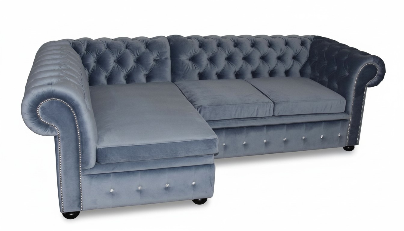 Design Chesterfield Ecksofa Eckcouch Loungesofa Couch Blau Textil