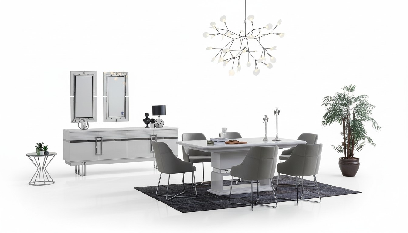 Design Esszimmer Set Esstisch + 4x Stühle + Anrichte mit 2x Spiegel 8 tlg