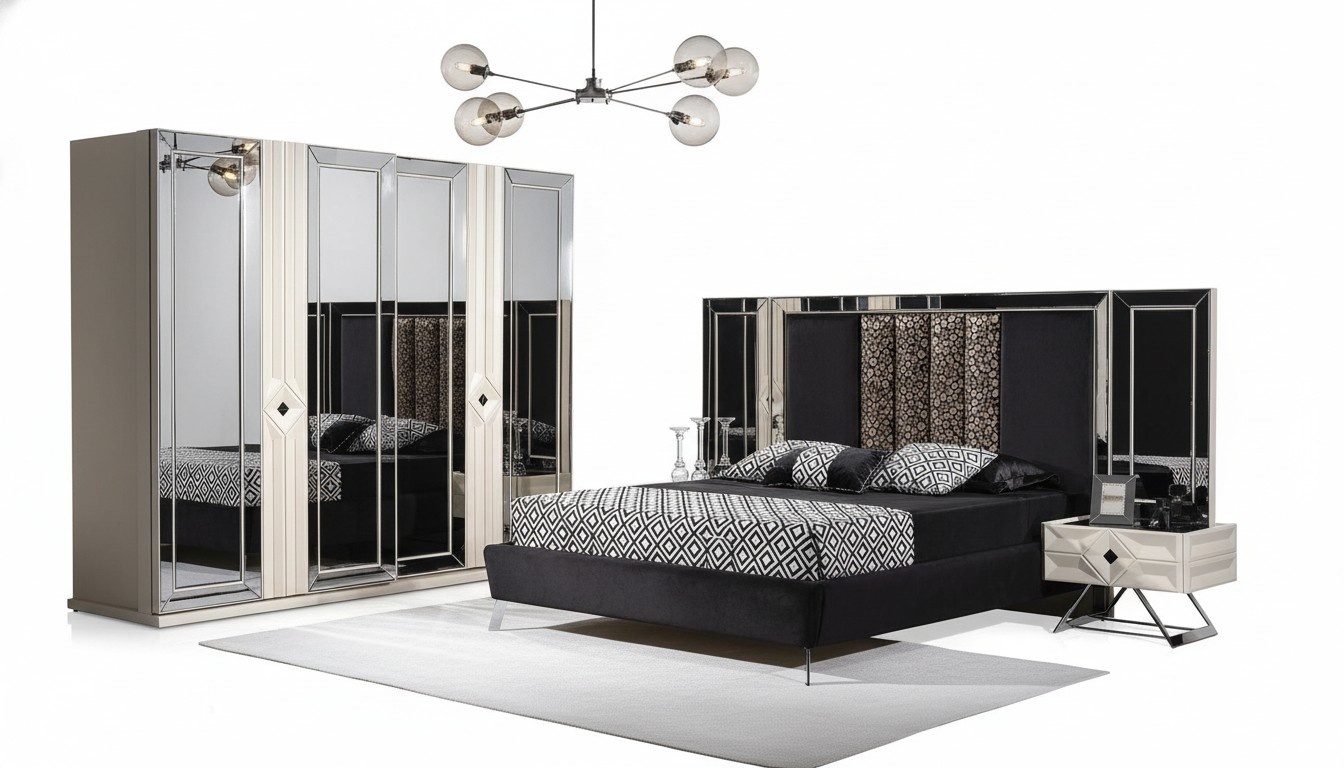 Design Komplett Möbel Moderne Schlafzimmer Bett 2x Nachttische Kleiderschrank