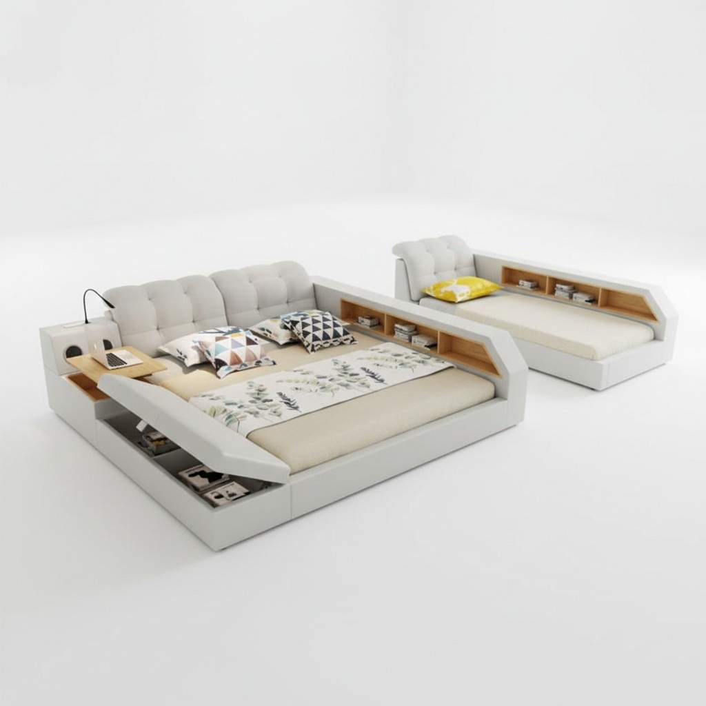 Design Leder Betten Hotel Doppel Ablage Regal 180x200 Multifunktions Bett