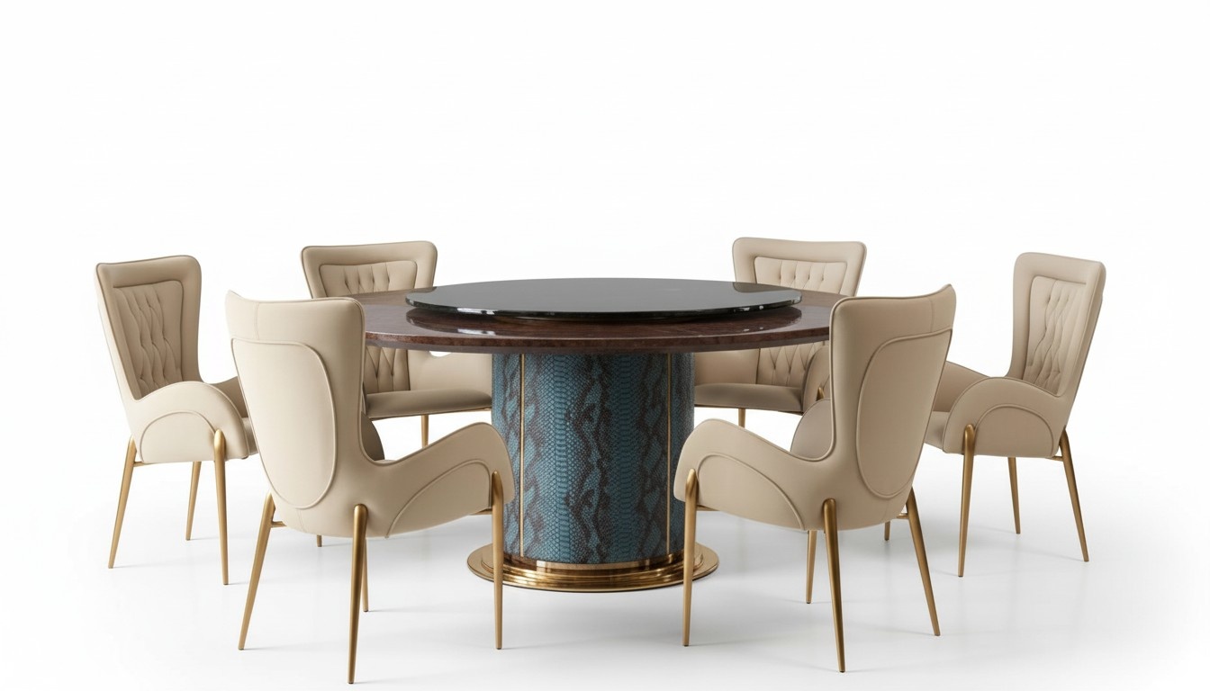 Design Rund Tisch 6x Sessel Stühle Ess Zimmer Sitz Polster Garnitur Runde