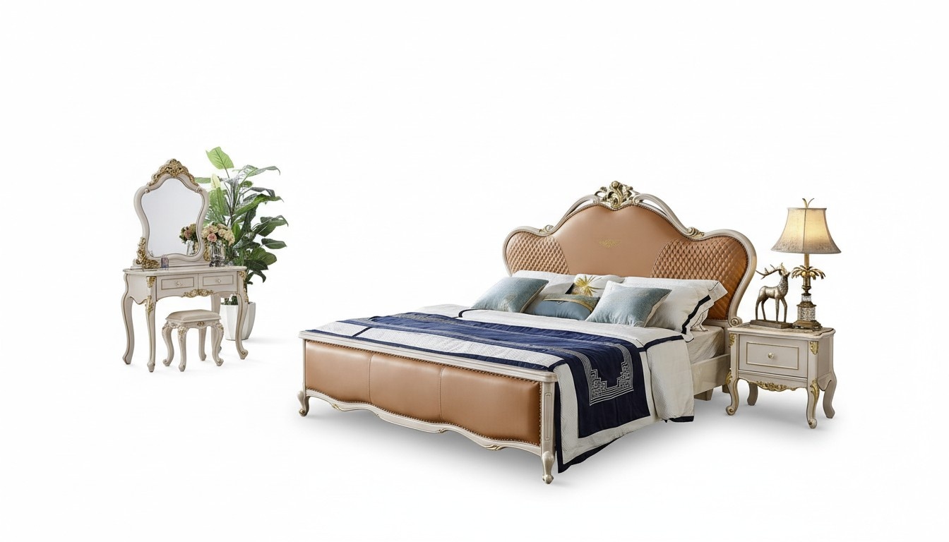 Design Nachttisch Bett 5 tlg.Schlafzimmer Set Schminktisch Massivholz