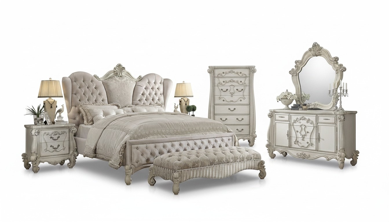 Design Schlafzimmer 6tlg. Bett 2x Nachttisch Hocker Kommode Spiegel Set